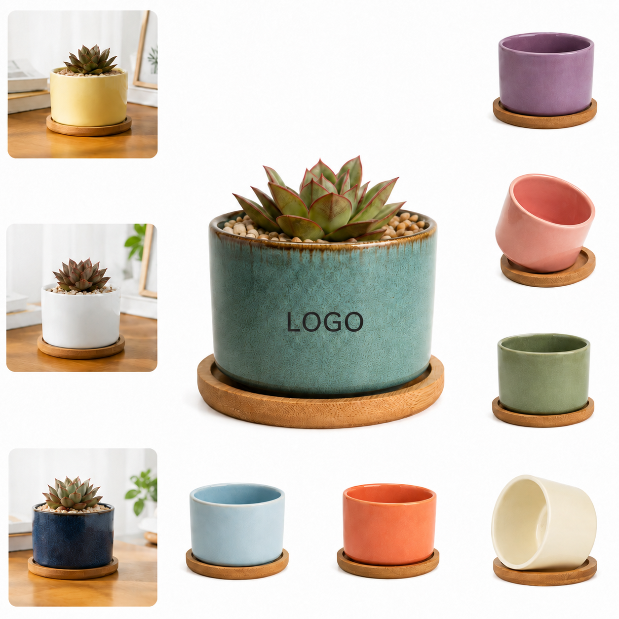 Mini Ceramic Succulent Pot with Bamboo Tray